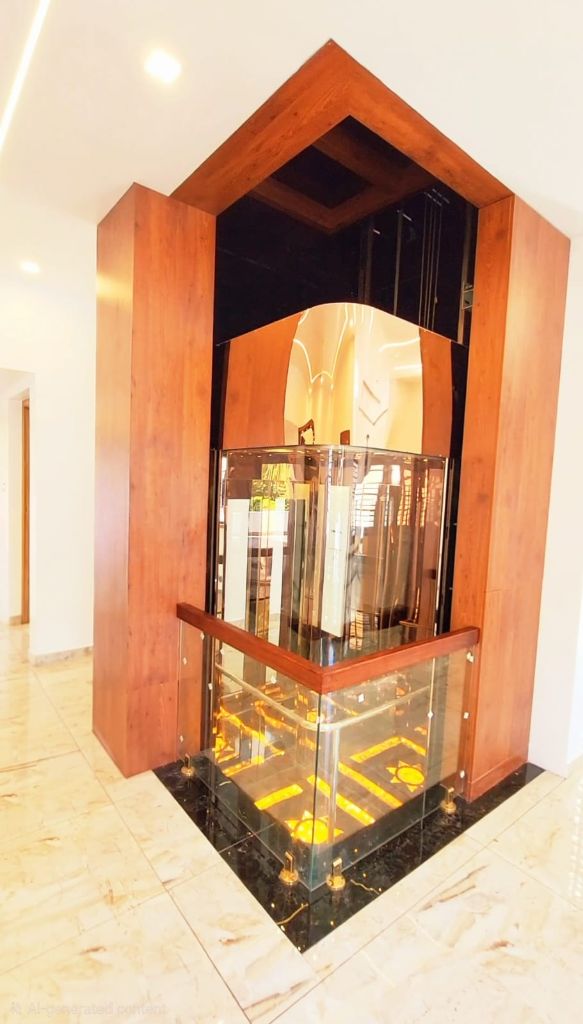 Curved glass lift cabin framed in teak, seen from the front with its glass balustrade