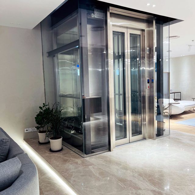 Glass home lift with a steel frame and double doors beside a living area