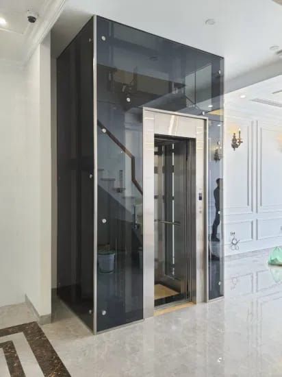 Tinted glass lift shaft with a steel door in a white hall