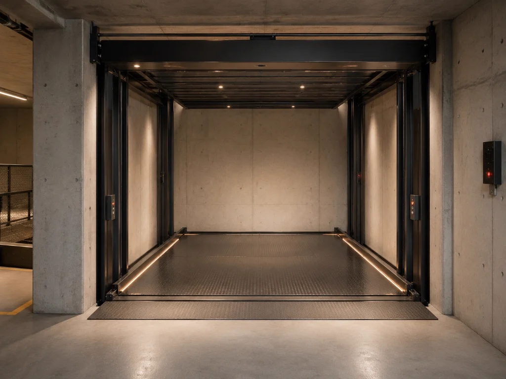 Sports car in modern elevator garage