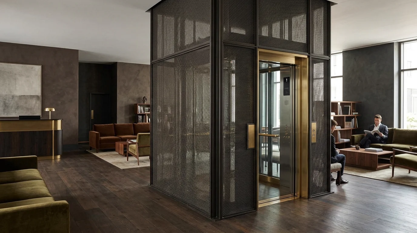 Glass atrium elevator interior