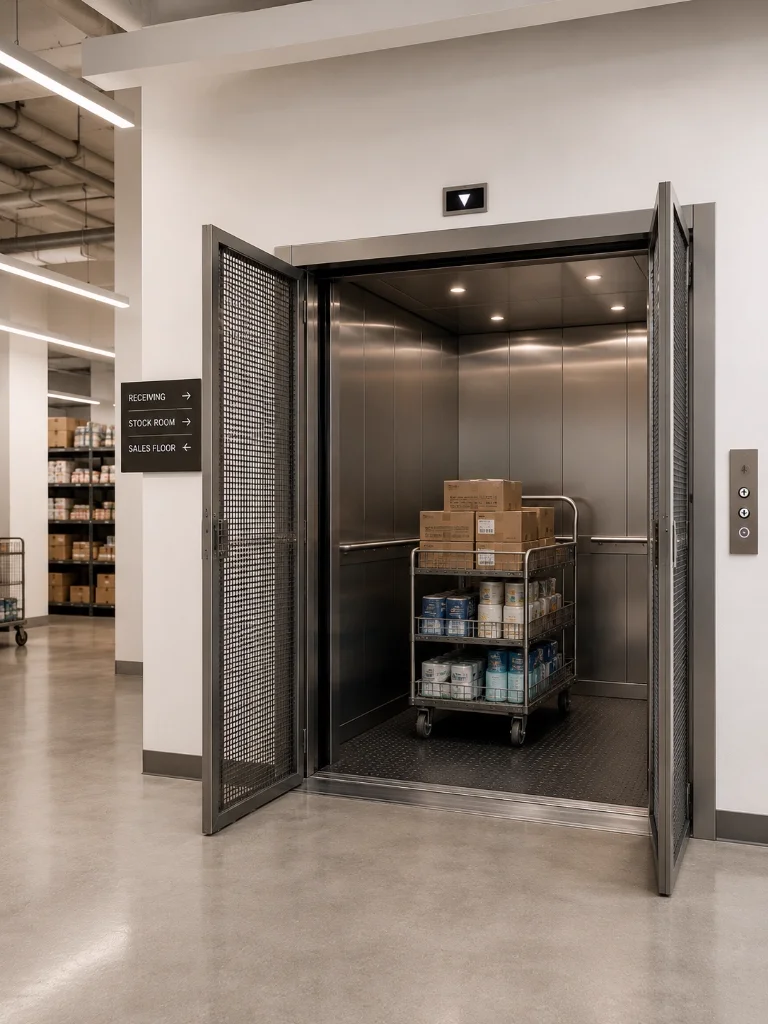 Warehouse goods elevator racking aisles