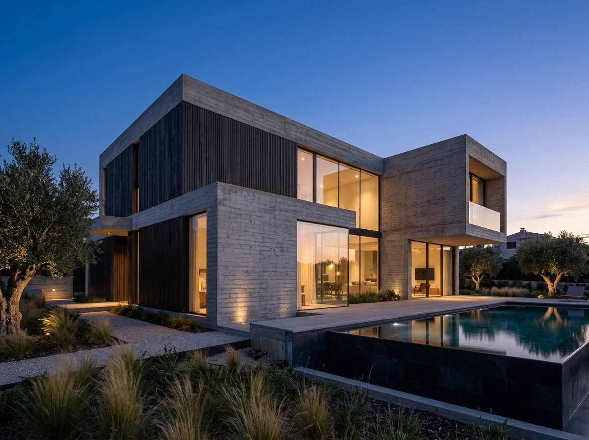 Modern villa exterior at dusk