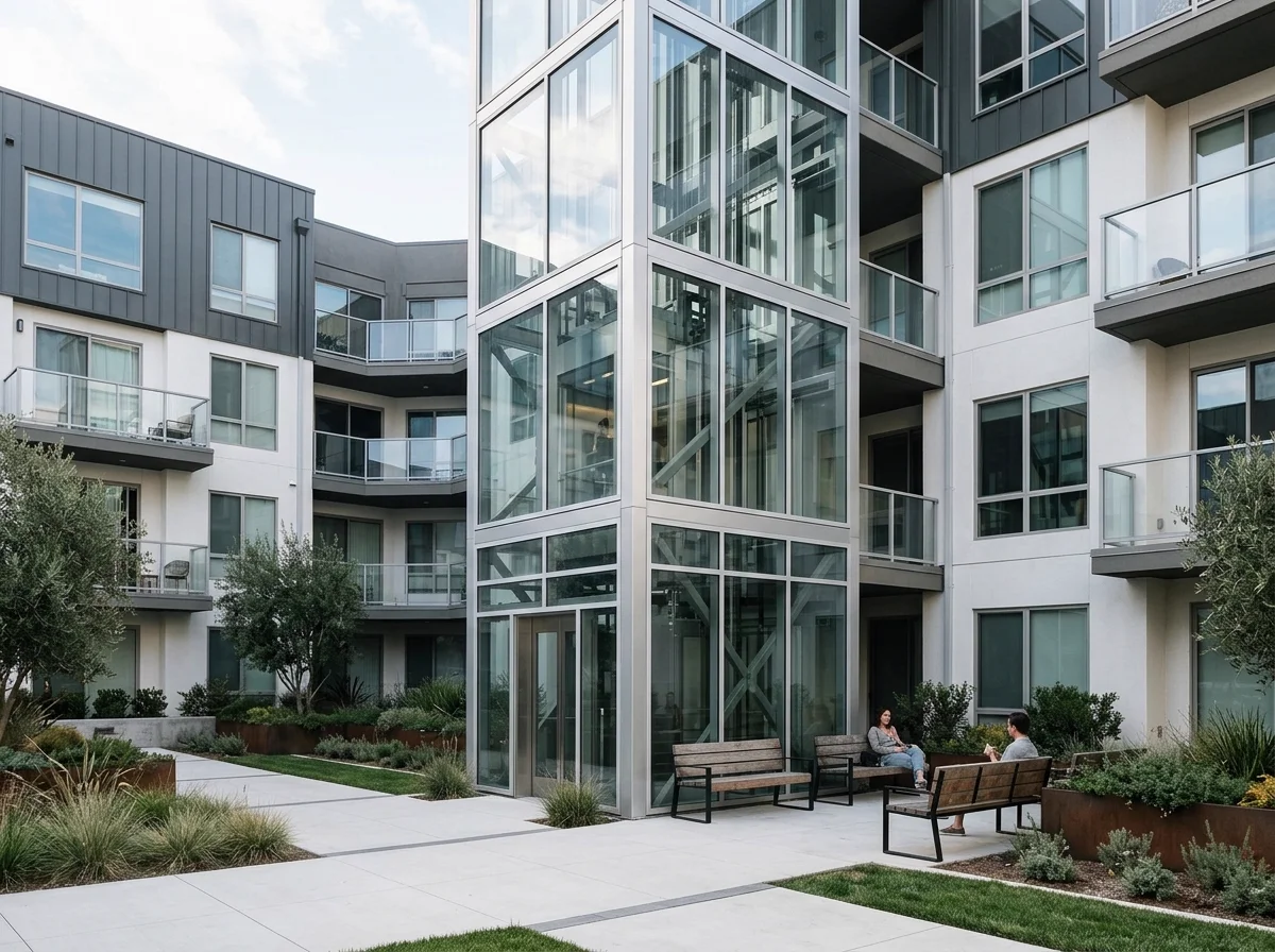 Modern architecture with external structural elevator
